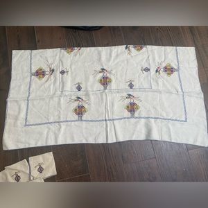 Vintage Handmade Cross-Stitched Tablecloth & Napkins